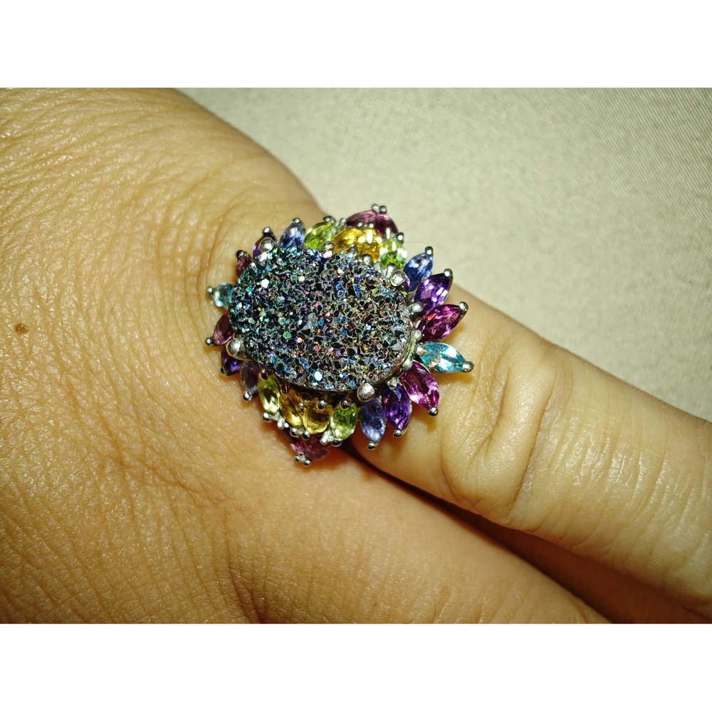 Statement Ring 925 Sterling Silver Multi-Gemstone Iridescent Titanium Druzy 7